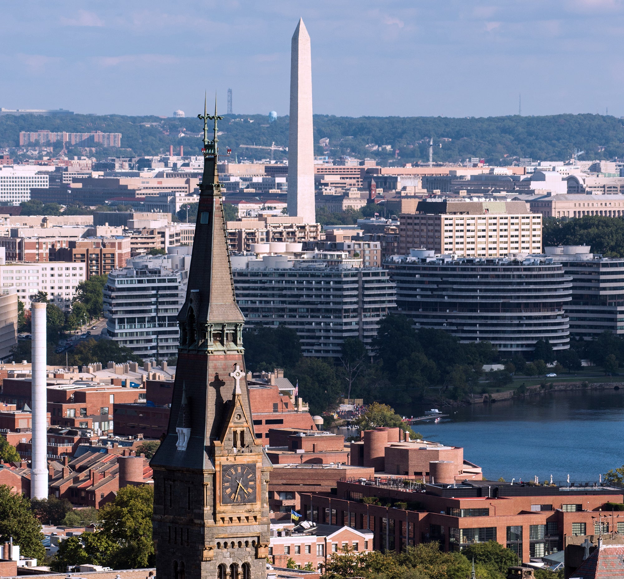 aerial view of Washington, DC showing Healy clocktower in alignment with Washington Monument